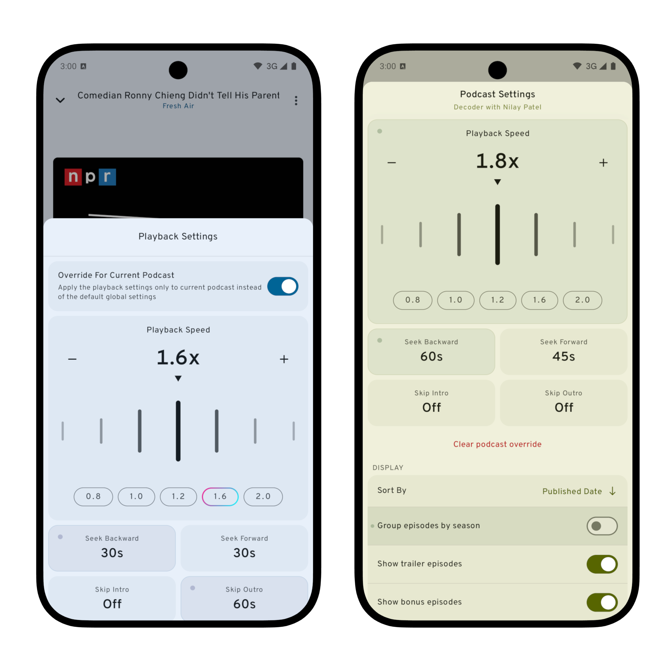 Per podcast settings highlighting custom configurations